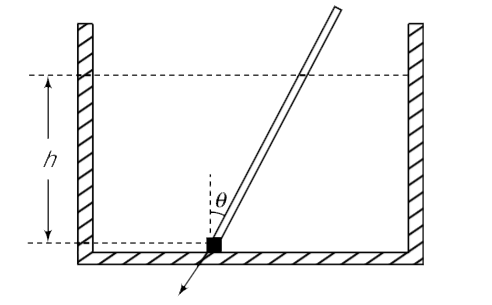 A rectangular tank contains water to a height h. A metal rod is hinged to the bottom of the tank so that it can rotate freely in the vertical plane. The length of the rod is L and it remains at rest with a part of it lying above the water surface. In this position the rod makes an angle theta with the vertical. Assume that y=costheta and find fractional change in value of y when temperature of the system increases by a small value DeltaT.Coefficient of linear expansion of material of rod and the tank arealpha(1) and alpha(2) respectively. Coefficient of volume expansion of water is lambda. What is necessary condition for theta to increase?