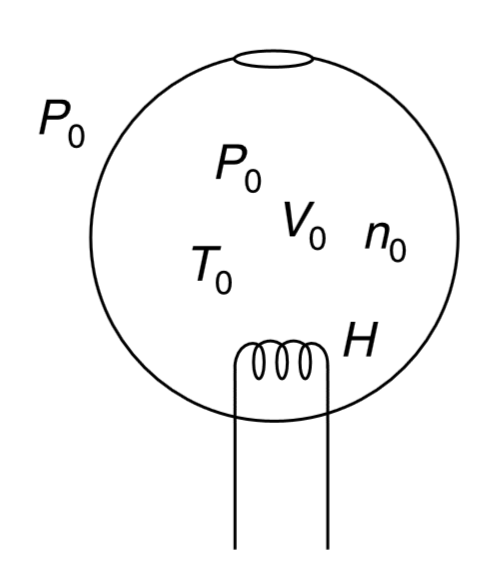 A spherical container made of non conducting wall has a small orifice in it. Initially air is filled in it at atmospheric pressure (P(0)) and atmospheric temperature (T(0)). Using a small heater, heat is slowly supplied to the air inside the container at a constant rate of H J/s. Assuming air to be an ideal diatomic gas find its temperature as a function of time inside the container.