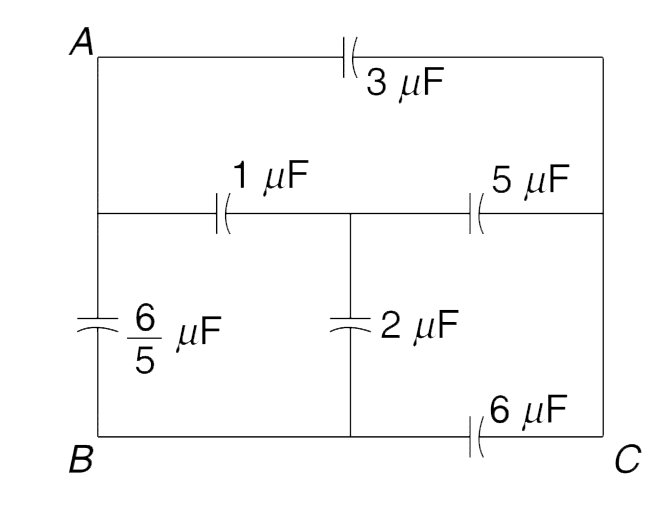 In the circuit shown in the Figure find the ratio of equivalent capacitance between A and B to that between A and C.