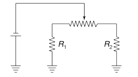 In the circuit shown, which way would you move the sliding contact, to the left or to the right, in order to increase current through resistance R(1) ? What will happen to current through R(2) as you move the contact?