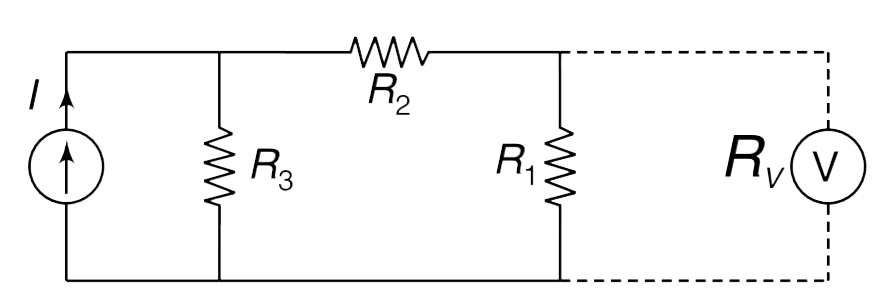 Three resistors R(1) = 3 k Omega,R(2) = 2 k Omega and R(3) = 5 k Omega have been connected to a constant current source as shown in figure. The current source supplies current I = 2 mA to the circuit. A voltmeter with R(V) = 6 kOmega internal resistance is connected, as shown, to measure the potential difference across R(1).   (a) Find the percentage error in the measurement of potential difference (V1) across. R(1) caused due to finite resistance of the voltmeter.   (b) If positions of R(2) and R(3) are interchanged will the percentage error in measurement of V(1) increase or decrease ?