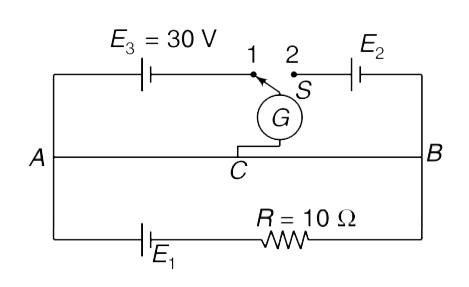 In the circuit shown in figure AB is a uniform wire of length L = 5m. It has a resistance of 2 Omega//m. When AC = 2.0 m, it was found that the galvanometer shows zero reading when switch s is placed in either of the two positions 1 or 2. find the emf E(1).