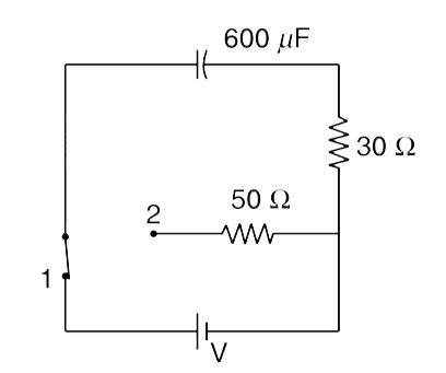 In the circuit shown, after the switch is shifted to position 2 the heat generated in 50 Omega resistance is 6 J. find the emf (V) of the cell.