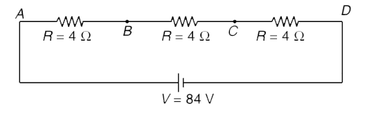 In the circuit shown, when a voltmeter is connected across any one of the three resistances, it shows a reading of 24 V.   (a) Find the reading of the voltmeter when it is connected between A and C      (b) The same voltmeter is used to measure potential difference across resistances shown in figure below. Will the voltmeter be more accurate this time ?