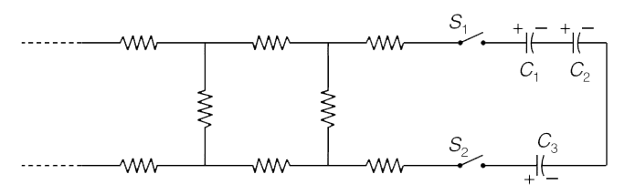 An infinite ladder network consisting of all equal resistances, r = (10)/(2.732) Omega is placed side by side to a capacitor system as shown in fig. Initially, all the switches are kept  open and all the three capacitors are given equal charges of 30 muCeach. The capacitances are C(1) = 3 mu F, C(2) = 6 mu F and C(3) = 6 mu F. Polarity of charges on the capacitor plates is shown in the fig. Now all the three switches are closed simultaneously.   (a) find the magnitude of rate of change of charge on the plates of the capacitors immediately after the switches are closed.   (b) Calculate heat generated in the circuit by the time steady sate condition is established.