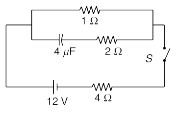 In the circuit shown in the figure, switch S is closed at time t = 0. Charge on positive plate of capacitor is q at time t.    (a) Derive a differential equation for q at time t.   (b) Solve the equation to write q as a function of time.   (c) Put t = 0 and t = infty in your equation to get charge on the capacitor at these times.