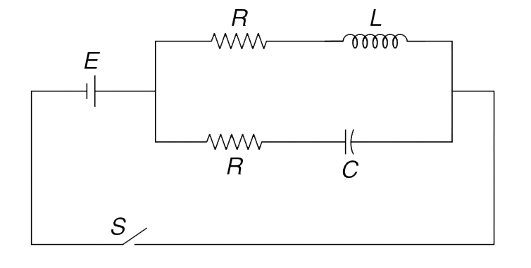 In the circuit shown, find the value of resistance R in terms of inductance L and capacitance C such that the current through the cell remains constant forever after the switch is closed.