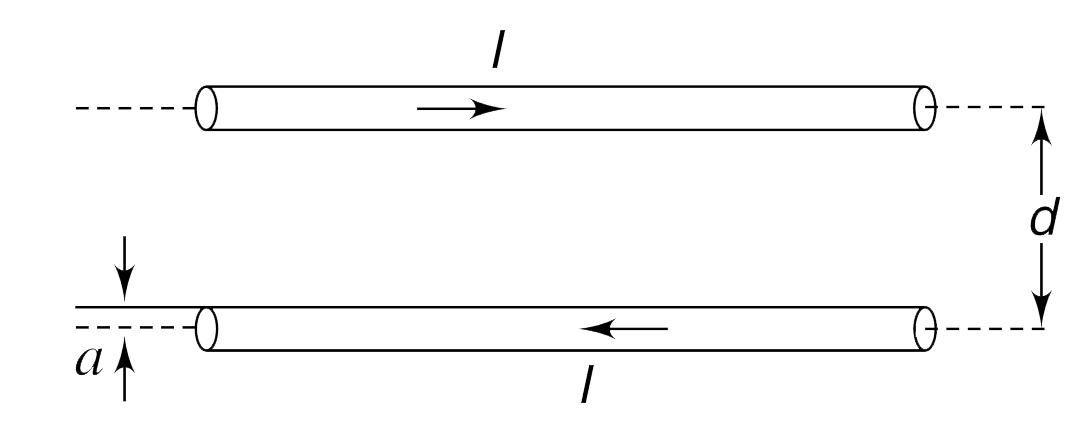 A long straight wire of cross sectional radius a carries a current I. The return current is carried by an identical wire which is parallel to the first wire. The centre to centre distance between the two wires is d. Find the inductance (L) of a length x of this arrangement. Neglect magnetic flux inside the wires.