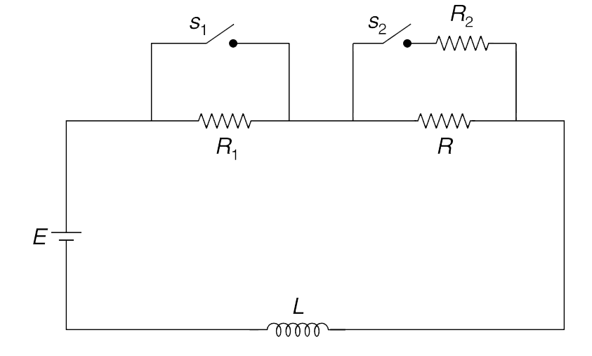 In the circuit shown in Figure, switch S(1) is kept closed and S(2) open for a long time. Resistance R(1) = 1000 R and R(2) = 10^(-3) R.   (a) Switch S(1) is opened at time t = 0. Write the current and potential drop across R(1) immediately after S(1) is opened. What will be value of current after a long time?   (b) Switch S(2) is closed (S(1) is already closed since long) at time t = 0. Write current and potential drop across R(2) immediately after this operation. Write current through the inductor as a function of time.