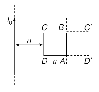 Figure shows a square conducting frame and a long wire-both lying in the same plane. The side length of the square loop is ‘a’ and it is at a distance ‘a’ from the long wire which is having a steady current I(0). The inductance and resistance of the square loop are L and R respectively. The loop is turned by 180° about its side AB so as to bring it to final position ABC'D' at rest. Calculate the net charge that flow past a side of the loop.