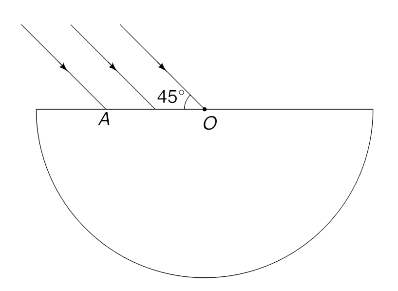 A transparent semicylinder has refractive index mu = sqrt(2) . A parallel beam of light is incident on its plane surface making an angle of 45° with the surface. The incident beam extends from O to A on the plane surface. Find the maximum width OA (in terms of radius R of the cylinder) so that no ray suffers total internal reflection at the curved surface. [O is the centre of the circular cross section of the cylinder]