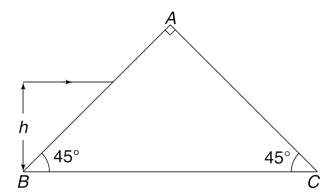 ABC is a glass prism with / A = 90° and other two angles 45° each      (a) Prove that any light ray that enters the prism through face AB will emerge out through the face AC if refractive index of the glass of the prism is mu ge sqrt(2)  .   (b) A ray of light is incident parallel to BC at a height h = 3.0 cm from BC. Find the height above BC at which the emergent ray leaves the surface AC. It is given that mu =  sqrt(2)   and length BC = 20 cm.  [Take tan 15°  0.25]