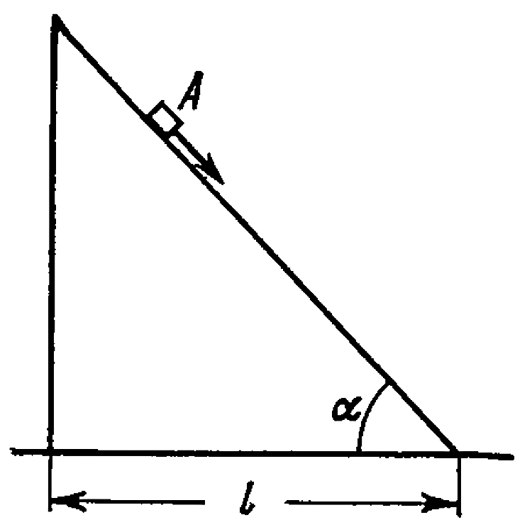A small body A starts sliding down from the top of a wedge (figure) whose base is equal to l=2.10m. The coefficient of friction between the body and the wedge surface is k=0.140. At what value of the angle alpha will the time of sliding be the least? What will it be equal to?