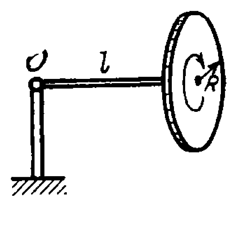 A gyroscope, a uniform disc of radius R=5.0cm at the end of a rod of length l=10cm (figure), is mounted on the floor of an elevator car going up with a constant acceleration w=2.0m//s^2. The other end of the rod is hinged at the point O. The gyroscope precesses with an angular velocity n=0.5 rps. Neglecting the friction and the mass of the rod, find the proper angular velocity of the disc.