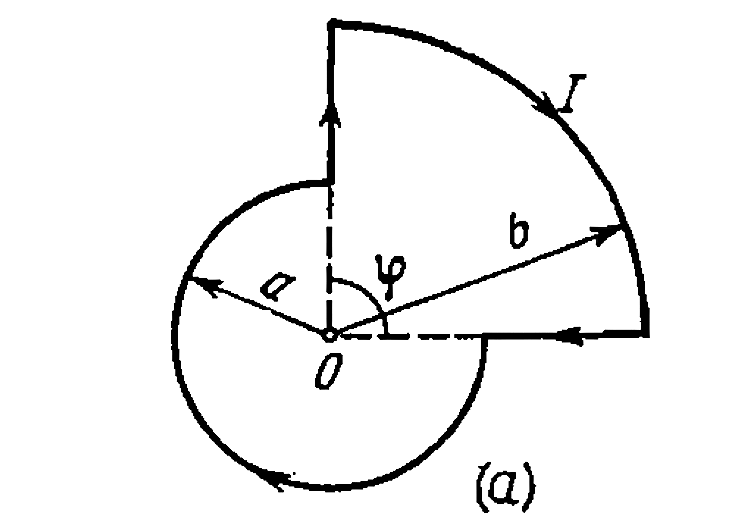 Find the magnetic induction of the field at the point O of a loop with current I, whose shape  is ilustrated    (a) in Fig. the radil a and b  as welll as the angle  varphi are known,   (b) In Fig , the radius   a and the  side b  are known.