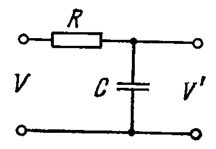 Figure illustrates the simplest ripple filter. A voltage V=V(0)(1+ cos omega t) is fed to the left input. Find :   (a) the output voltabe V^(')(t),   (b)the magnitude of the product is eta =7.0 times less than the direct voltage component, if omega=314 s^(-1).