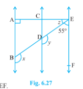 In Fig. 6.27, AB  || CD and CD || EF. Also E A|A B. If /B E F=55^@, find the values of x, y and z..