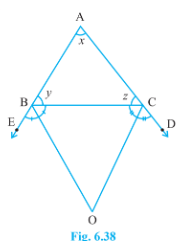 In Fig. 6.38, the  sides AB and AC of ABC are produced to points E and D respectively. If  bisectors BO and CO of  CBE and  BCD respectively meet at point O, then prove that /B O C=90^@-1/2/B A C..