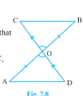 In Fig. 7.8, O A\ =\ O Ba n d\ O D\ =\ O C. Show that (i) DeltaA O D~=DeltaB O C  and (ii) A D\ ||\ B C .