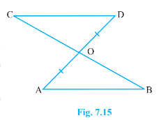 Line-segment AB is parallel to  another line-segment CD. O is the mid-point of AD (see Fig. 7.15). Show that     (i) DeltaA O B~=DeltaD O C (ii) O is also the mid-point of BC