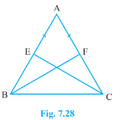 E and F are respectively the  mid-points of equal sides AB and AC of DeltaA B C(see Fig. 7.28). Show that BF = C E.