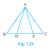 In an isosceles triangle ABC  with A B = A C, D and E are points on BCsuch  that B E = C D(see Fig. 7.29). Show that A D= A E