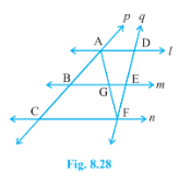 l, m and n are  three parallel lines intersected by transversals p and q such  that l, mand n cut off equal  intercepts AB and BC on p (see Fig. 8.28). Show that l, m and  n cut off equal intercepts DE and EF on q also