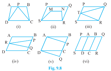 Which of the  following figures lie on the same base and between the same parallels.In  such a case, write the common base and the two parallels.