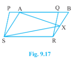 In Fig. 9.17,  PQRS and ABRS are parallelograms and X is any point on side BR. Show that (i)  a r(P Q R S) = a r(A B R S)(ii) a r(A XS)\ =1/2 ar(P Q R S)