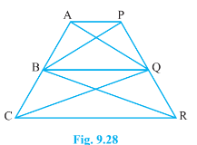 In Fig.9.28, A P\ ||\ B Q\ ||\ C R. Prove that a r\ (A Q C)\ =\ a r\ (P B R)dot