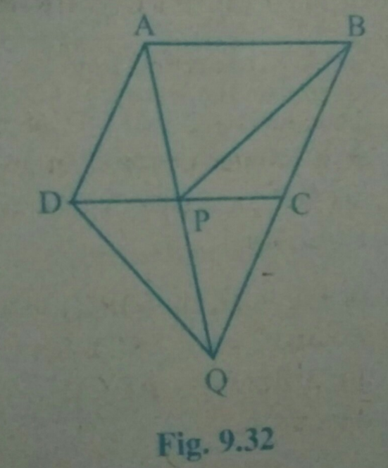 In Fig. 9.32,  ABCD is a parallelogram and BC is produced to a point Q such thatA D\ =\ C Q. If AQ intersect DC at P, show that a r\ (B P C)\ =\ a r\ (D P Q)dot