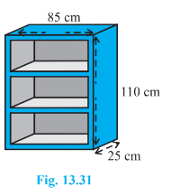 A wooden
  bookshelf has external dimensions as follows: Height = 10 cm, Depth = 25cm,
  Breadth = 85 cm (See in Figure). The thickness of the plank is 5 cm
  everywhere. The external faces are to be polished and the inner faces are to
  be painted. If the rate of polishing is 20 paise per c m^2
and the
  rate of painting is 10 paise per c m^2
. Find the
  total expenses required for polishing and painting the surface of the
  bookshelf.