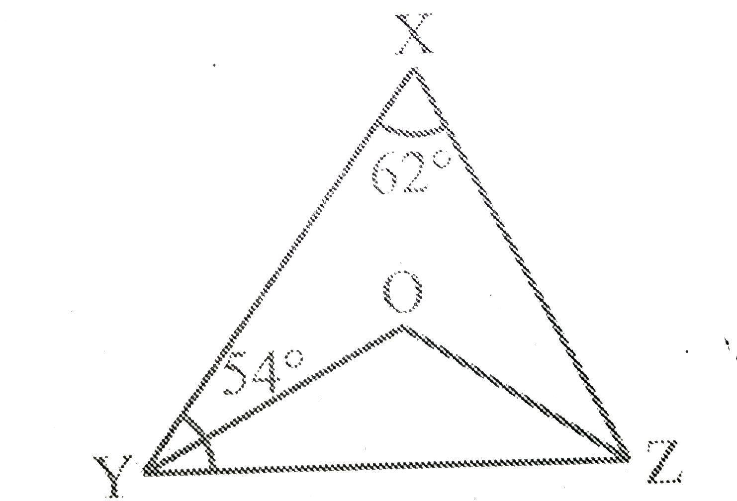 आकृति 6.40  में, angle X=62^(@)  और angle XYZ=54^(@) है । यदि YO  और ZO  क्रमश: Delta XYZ  के angle XYZ  और angle XZY के समद्विभाजक है, तो angle OZY और angle YOZ ज्ञात कीजिये ।