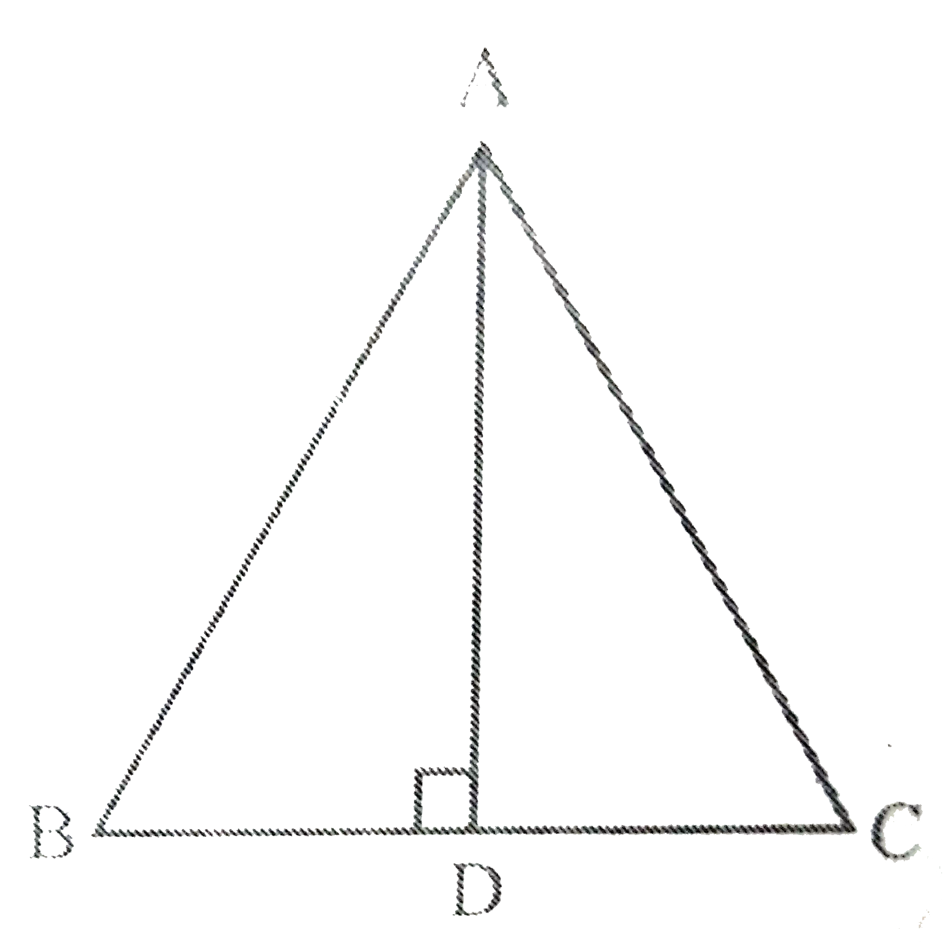 Delta ABC   में AD भुजा BC का लम्ब समद्विभाजक है। दर्शाइए कि Delta ABC  एक समद्विबाहु त्रिभुज है, जिसमें AB = AC है।