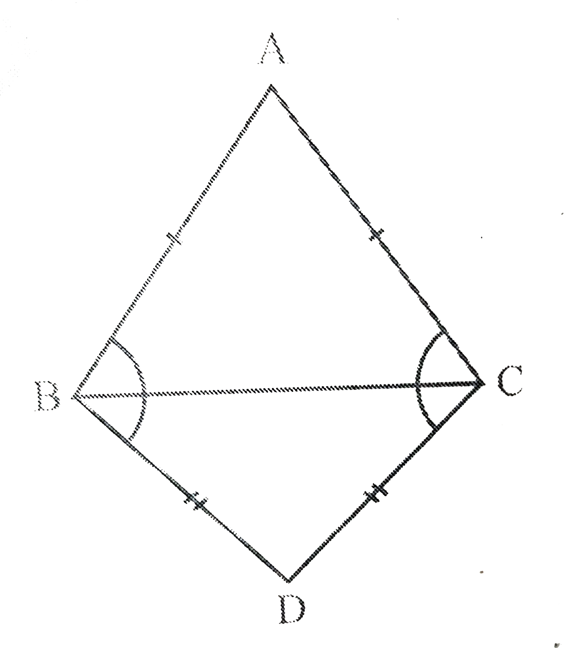 ABC और DBC समान आधार BC पर स्थित दो समद्विबाहु त्रिभुज है। दर्शाइए कि angle ABD = angle ACD   है।