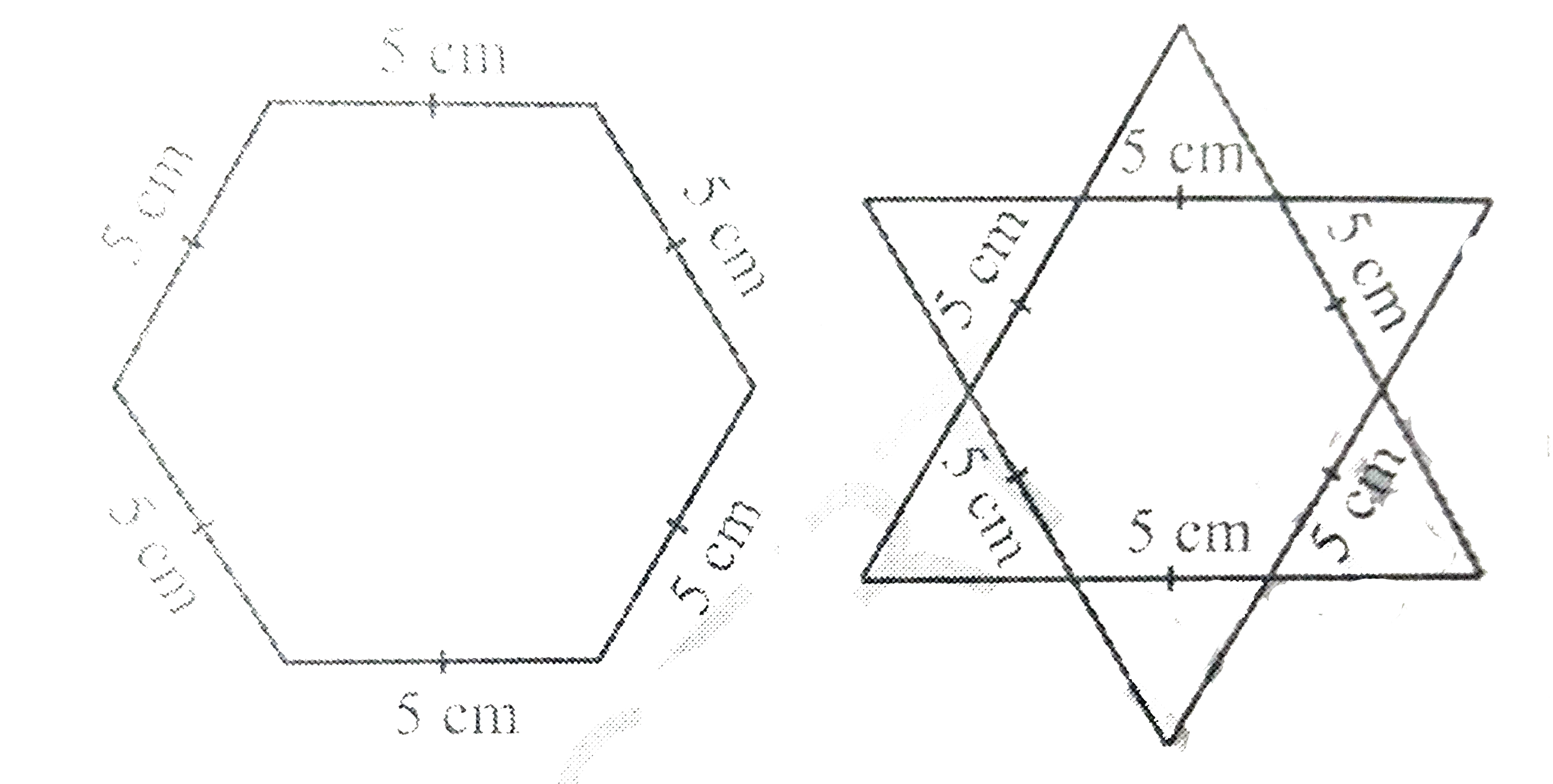 षट्भुज और तारे के आकार की रंगोलियों  को  1 cm भुजा वाले समबाहु त्रिभुजों से भर कर पूरा कीजिए।  प्रत्येक स्थिति में, त्रिभुजों के संख्या गिनिए। किसमें अधिक त्रिभुज हैं?
