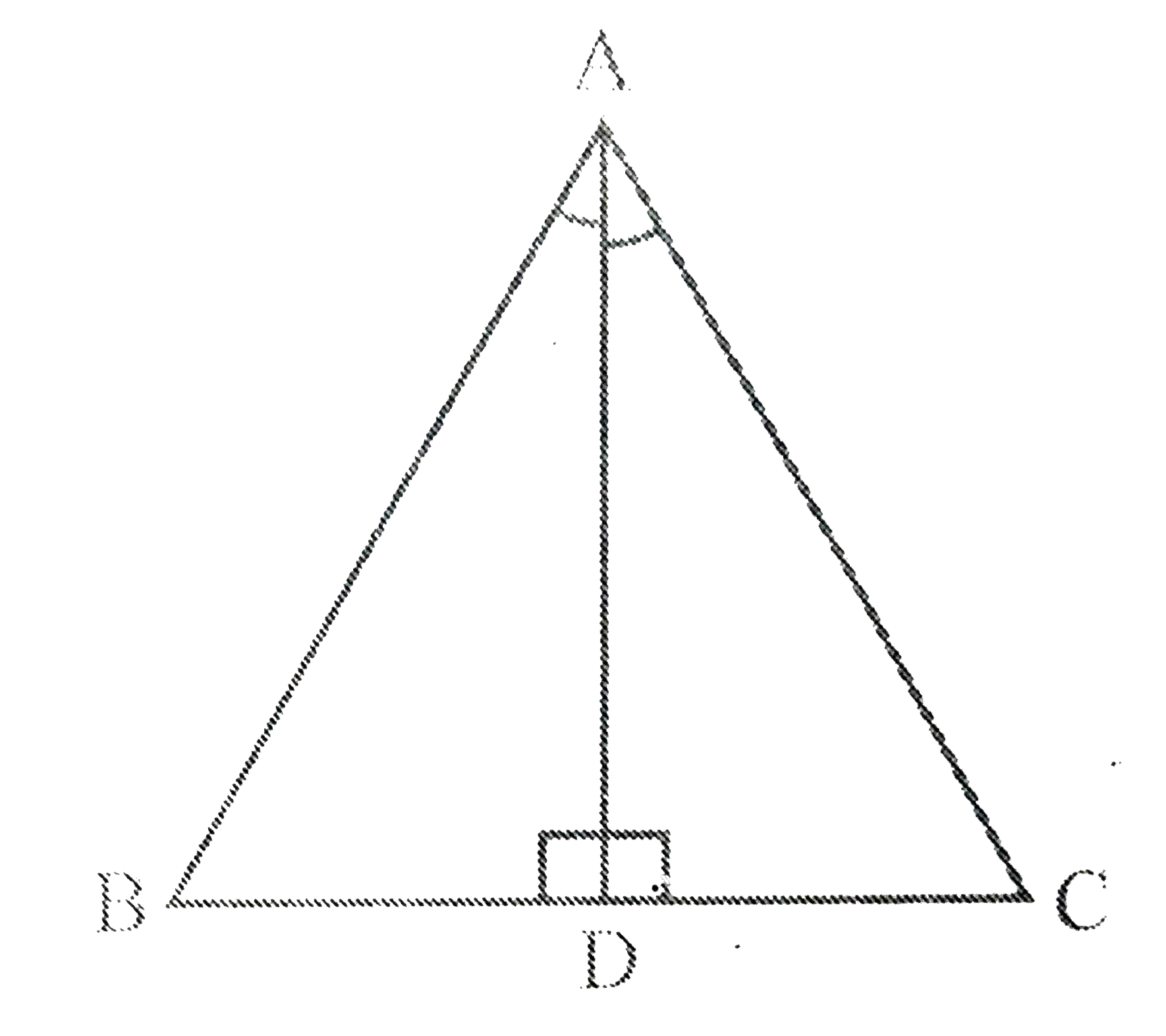 Delta ABC  में, angle A  का समद्विभाजक AD भुजा BC पर लम्ब है। दर्शाइए कि AB = AC है और Delta ABC समद्विबाहु है।