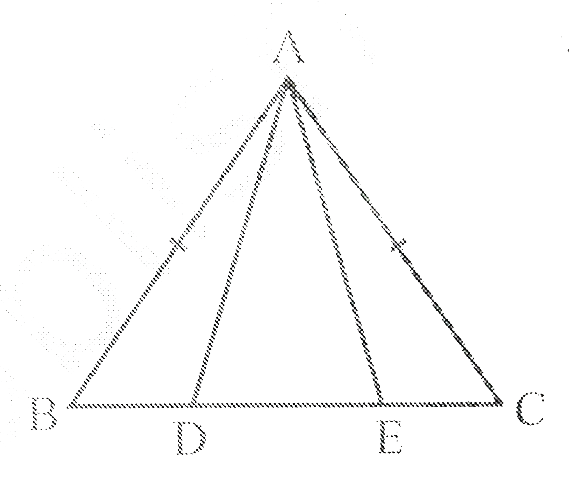 एक समद्विबाहु त्रिभुज ABC जिसमें AB = AC है, की भुजा BC पर दो बिंदु D और E इस प्रकार हैं कि BE = CD है। दर्शाइए कि AD = AE है।