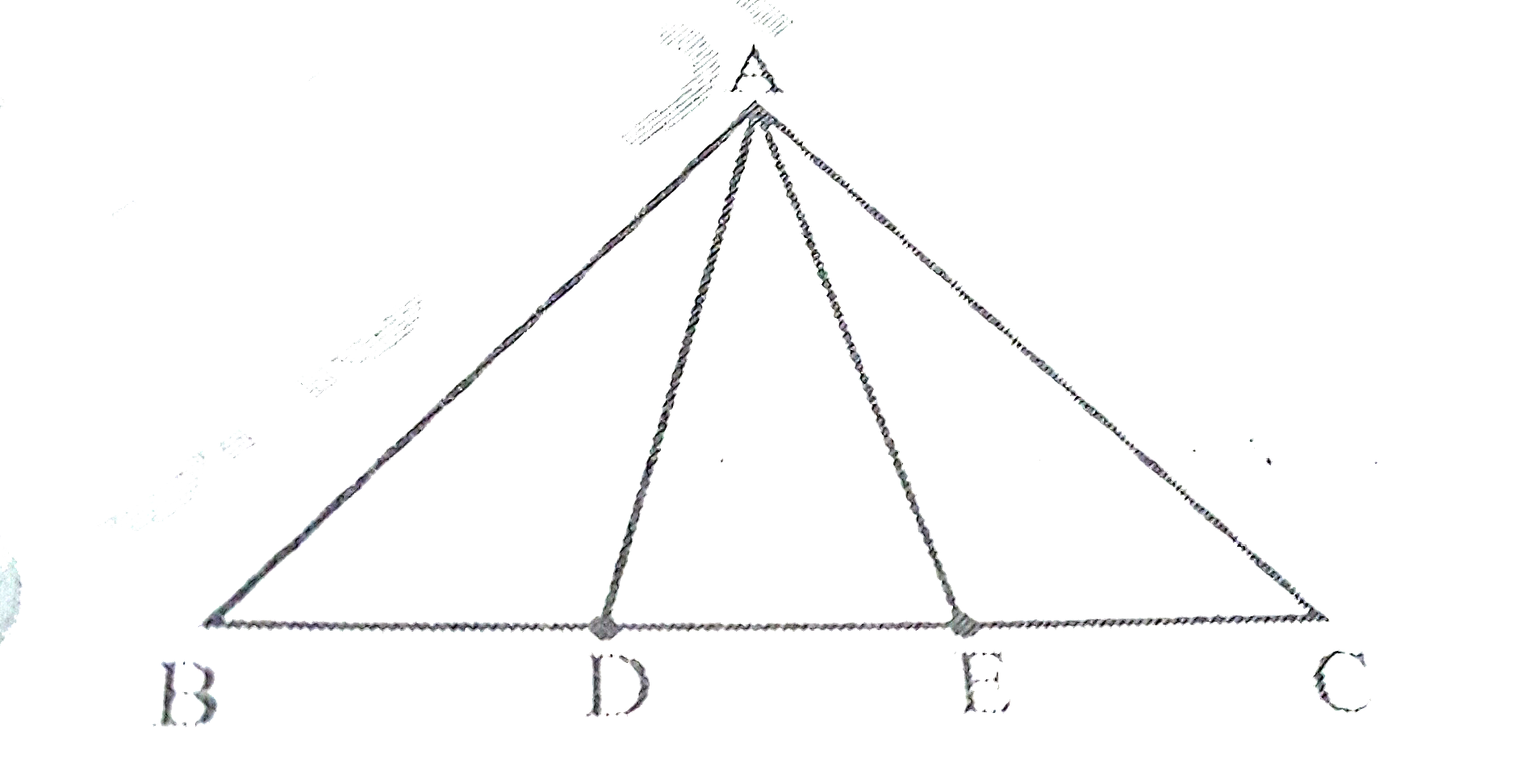 आकृति  में, भुजा  BC पर दो बिंदु  D और  E  इस  प्रकार  स्थित  है कि BD = DE =EC  है।   दर्शाइए  कि  ar(ABD)=ar(ADE)=ar(AEC)  है ।    क्या  आप  अब प्रश्न  का उत्तर दे  सकते  है, जो  आपने  इस  अध्याय  की भूमिका में  छोड़  दिया  था  कि  क्या  बुधिया का खेत  वास्तव  में  बराबर  क्षेत्रफलों वाले  तीन  भागो  में विभाजित  हो गया  है?