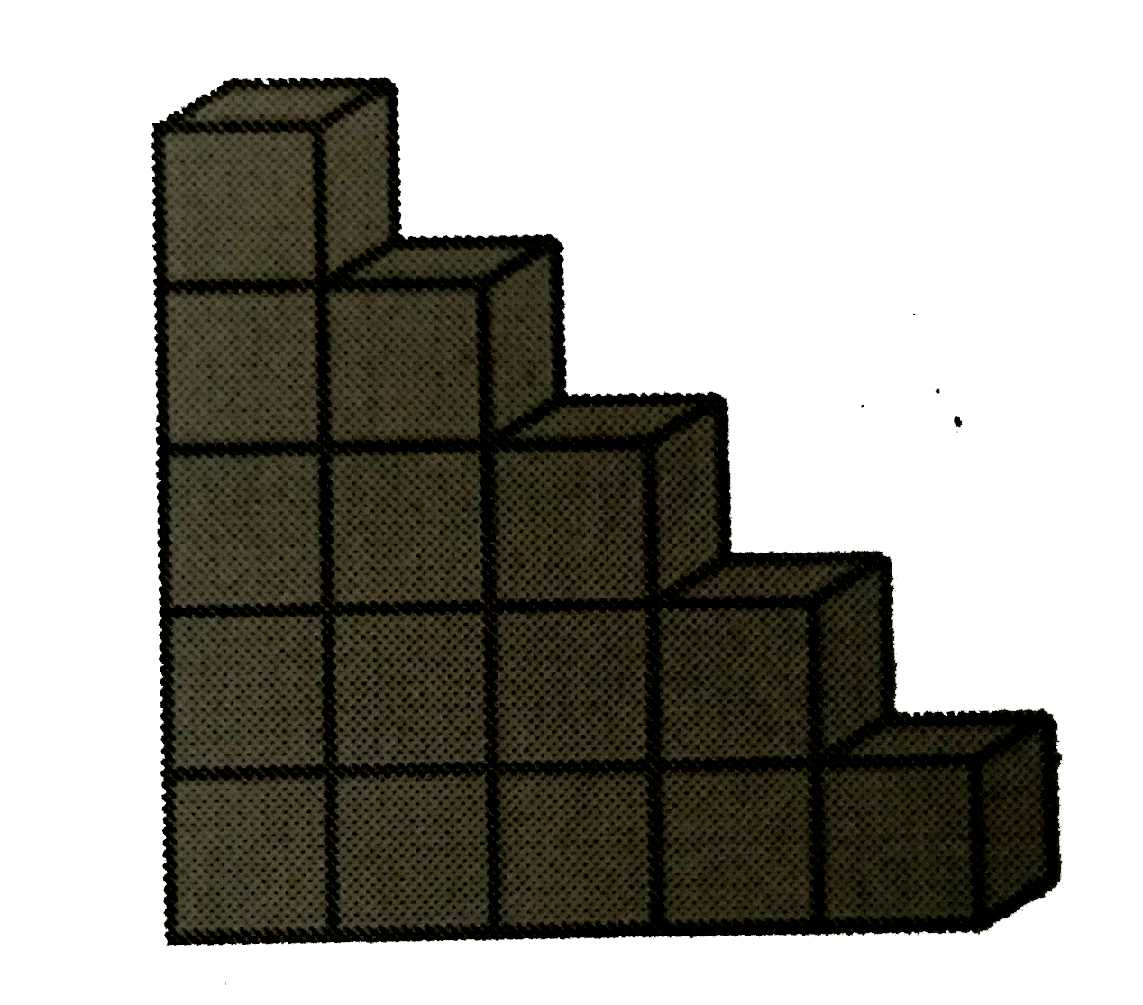 एक बच्चा भवन ब्लॉको से खेल रहा है, जो एक घन के आकार के हैं | उसने इनसे आकृति 13.25 में दर्शाए अनुसार एक ढांचा बना लिया है | प्रत्येक घन का किनारा 3 cm है | उस बच्चे द्वारा बनाए गए ढाँचे का आयतन ज्ञात कीजिए |