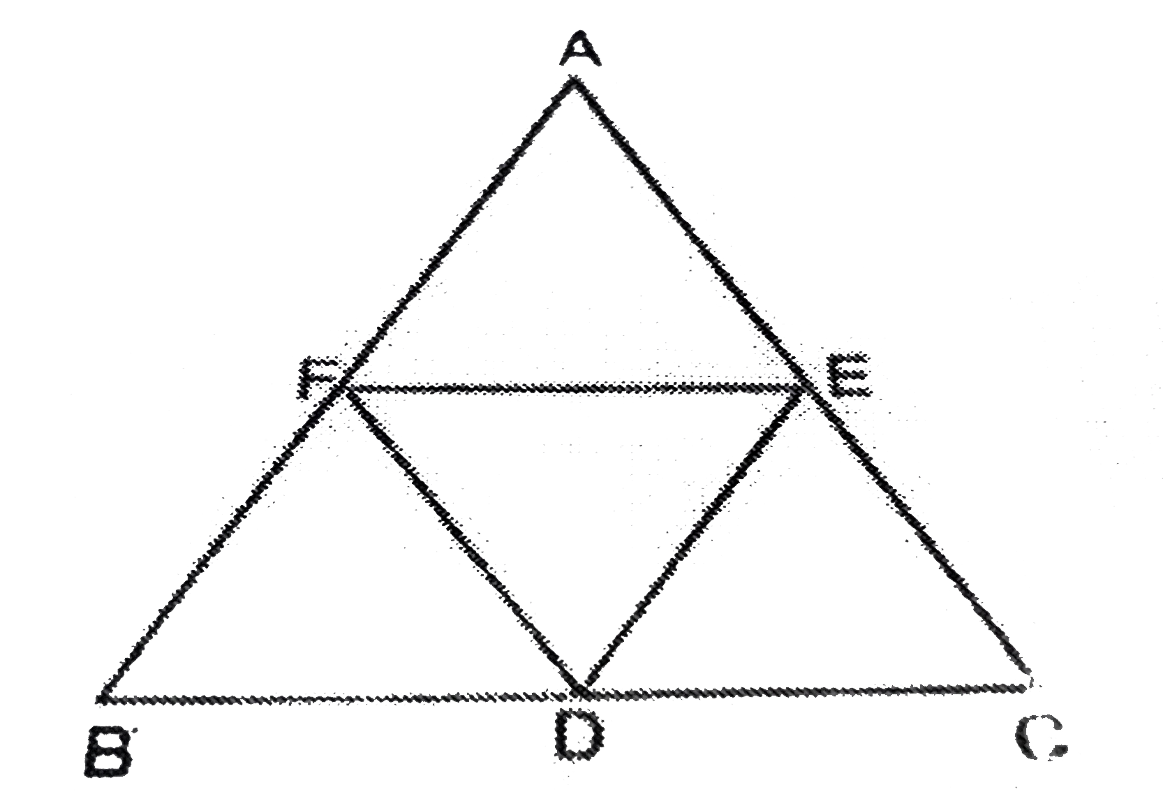 चित्र में समबाहु  DeltaABC की भुजाओं BC, CA और AB के मध्य बिंदु क्रमशः D,E और F है। सिद्ध कीजिए कि DeltaDEF भी एक समबाहु त्रिभुज है।