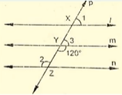 In Fig. l ,\ m\ a n d\ n
are parallel lines
  intersected by transversal p
at X ,\ Y\ a n d\ Z
respectively. Find /1,\ /2\ a n d\ /3