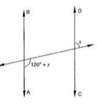 In Figure, if A B||C D ,
then the value of x
is
                         (a) 20^0
 (b) 30^0
 (c) 45^0
 (d) 60^0