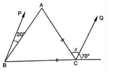 In Figure, if B P||C Q
and A C=B C
, then the measure of x
is
20^0
 (b) 25^0
 (c) 30^0
 (d) 35^0