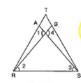 In Figure, it is given
  that R T=T S ,\ /1=2/2\ a n d\ /4=2/3
. Prove that  R B T\ ~=\  S A T