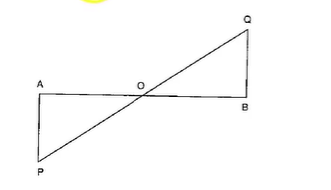 In Figure, A P\ a n d\ B Q
are perpendiculars to
  the line segment A B\ a n d\ A P=B Q
. Prove that O
is the mid-point of
  line segment A B\ a n d\ P Q