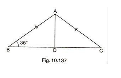 ABC is an isosceles triangle such that AB=AC and AD
is the median to base BC . Then, /BAD= 
(a) 55^@
 (b) 70^@
 (c) 35^@
 (d) 110^@