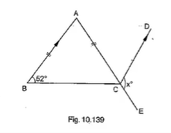 In Figure, A B C
is an isosceles
  triangle whose side A C
is produced to E
. Through C ,\ C D
is drawn parallel to B A
. The value of x
is  (a) 52^@
  (b) 76^@
  (c) 156^@
  (d) 104^@