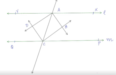 Two parallel lines l and
  m are intersected by a transversal p (see Fig. 8.15). Show that
  the quadrilateral formed by the bisectors of interior angles is a rectangle.