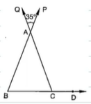 Sides B C ,C A
and BA of a triangle A B C
are produced to D ,Q ,P
respectively as shown in Figure. If /A C D=100^0
and /Q A P=35^0,
find all the angles of the triangle.